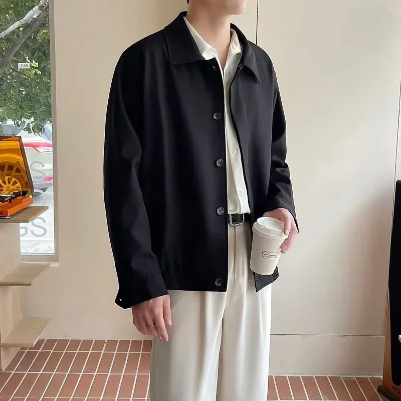 Spring Mens Single Chest Cargo Bomber Jacket Korean Fashion Polo Collar Solid Jacket Retro Street Jacket 250410