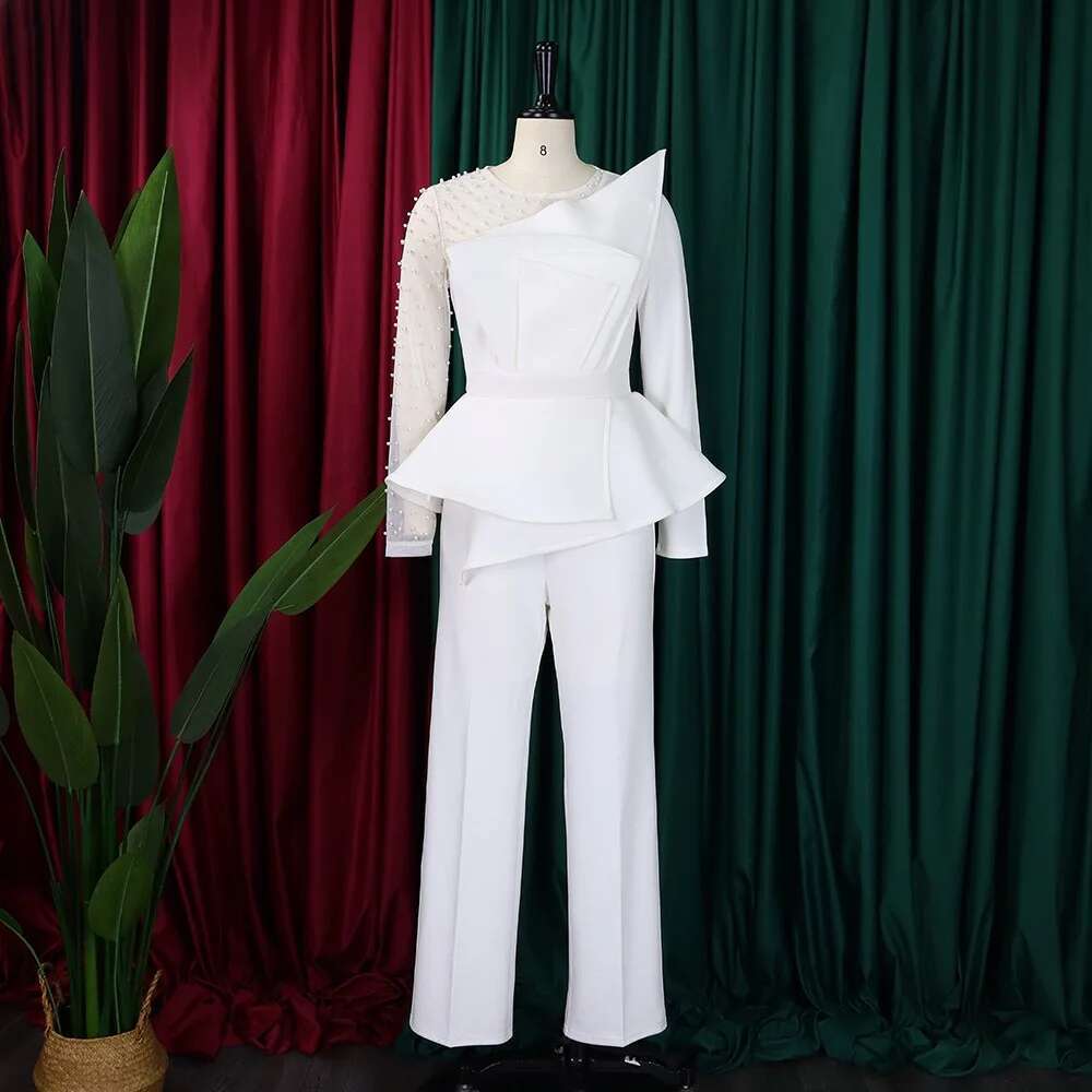 Jumpsuits & Rompers For Women Round Neck Beaded Transparent Sleeve High Waisted Elegant Female Birthday Party Overalls
