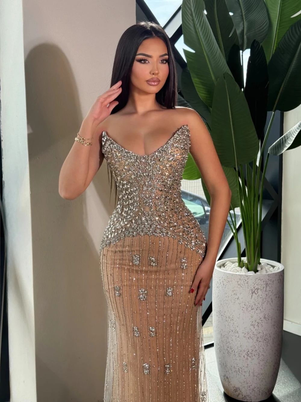 Exquisite Evening Dresses Crystal Strapless Prom Gown Beading Mermaid Sequins Sleeveless Rhinestone Customized Vestidos De Noche Plus Size
