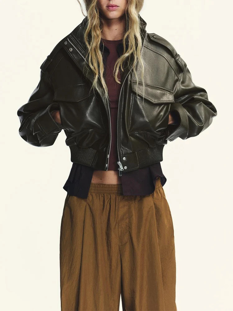 European and American style autumn womens clothing versatile leather stand collar long sleeve short jacket 251103