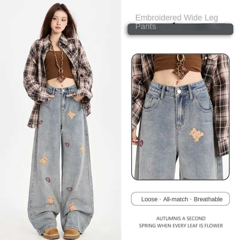 Y2K Loose Jeans Women Pants Casual Comfortable Retro Embroidery Bear Wide Leg Denim Trousers Streetwear Fashion C251110