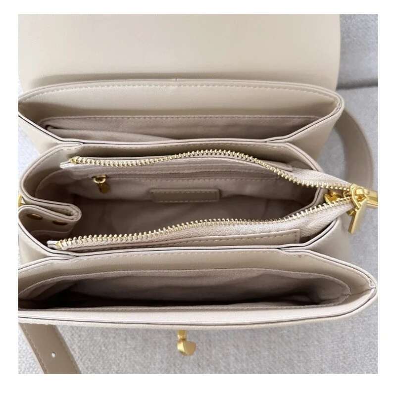 New Multiple Compartments Pockets Flap Small Kakhi Color High-End Split Cow Leather Women's Crossbody Bag