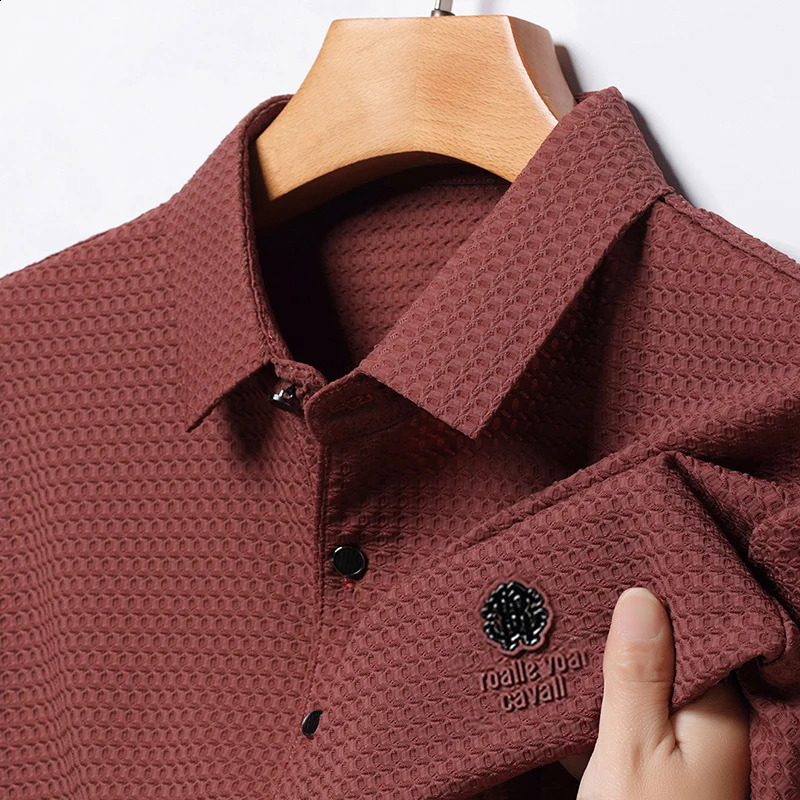 Ice Silk Fashion Embroidery Summer Mens Lop-up Hollow Short-sleeved Polo Shirt Breathable T-Shirt Male Clothes 250407