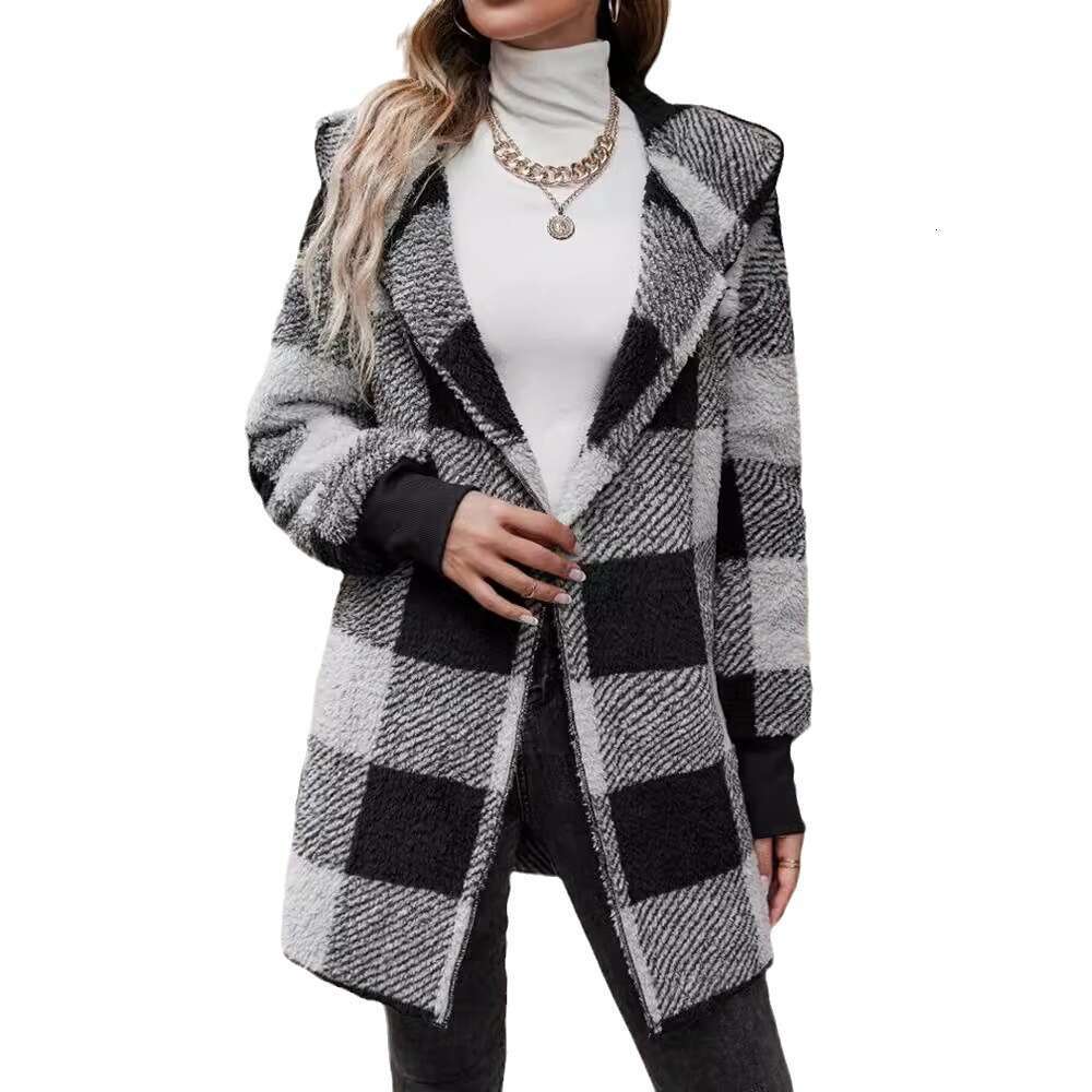 2025 Amazon Cross-Border New European and American Loose Plaid Color Block Knitted Cardigan Fashion Foreign Trade Sweater for Women