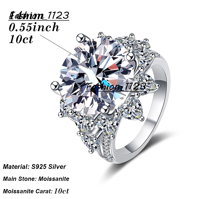 10CT S925 Sterling Silver Moissanite Ring Set VVS Round Fashionable Light Luxury Moissanite Wedding Ring for Women