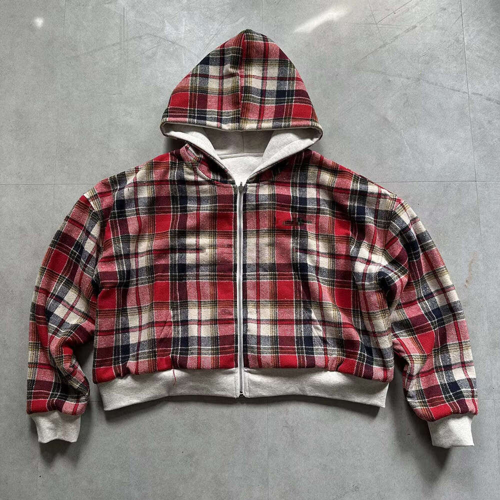 European and American Cross-Border Autumn Winter New Fashion Hooded Zipper Plaid Patchwork Reversible Sweatshirt for Men