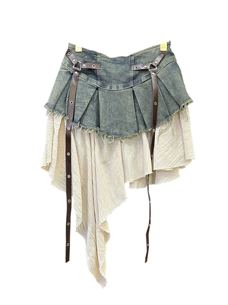 Womens denim dress summer waist patch work irregular burr edge folding ribbon short pleated mini skirt 250410