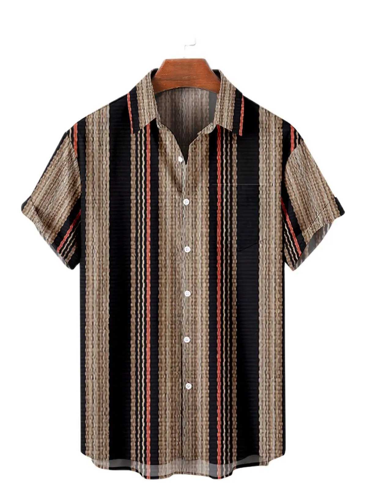 2024 5XL Hawaiian Mens Shirt Color Stripe Camissa Short Sleeve Mens Casual Top Oversized T-shirt X250410
