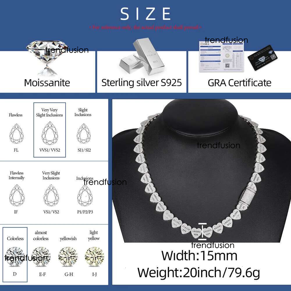 Dropshipping Hip Hop Jewelry 13mm Sterg Sier VVS Moissanite Dia Iced Out Heart Shape Tennis Chain Necklace