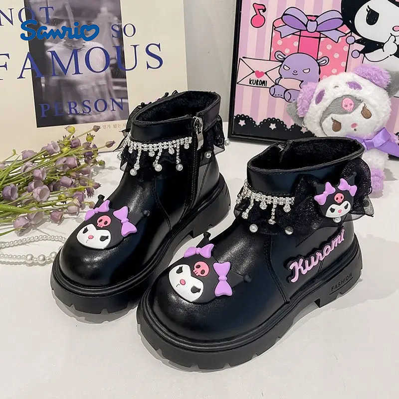 Sanrio Kid Princess Shoes Cute Kuromi Soft Sole Girls Leather Boots Non-Slip Autumn Winter New Children Short Boots Cotton Shoes H251110