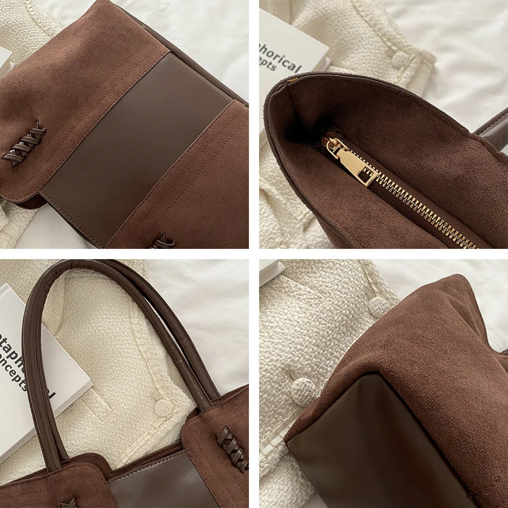 Suede Surface Handbag For Womens Korean Fashion Leisure Commuting Handbag Vintage Color Collision Splicing Tote Bag 251106