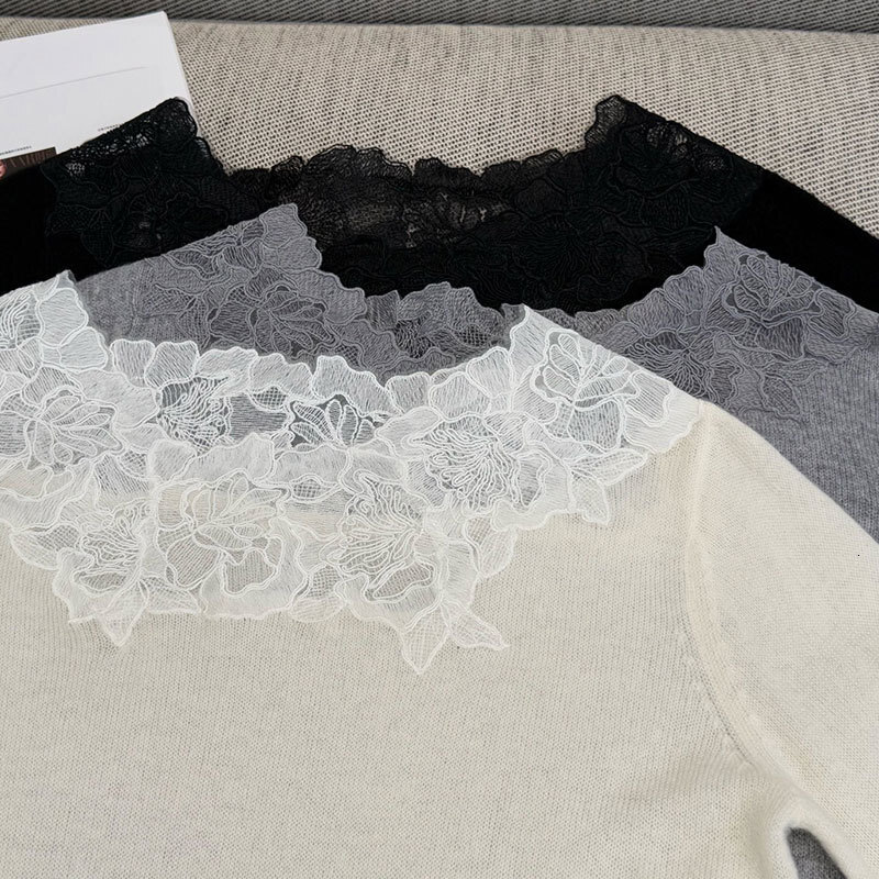 Luxury Designer Women's Cashmere Wool Knit Sweater Fashion Floral Lace Round Neck Long Sleeve Loose Pullover Multiple Colors Fall Winter Clothing