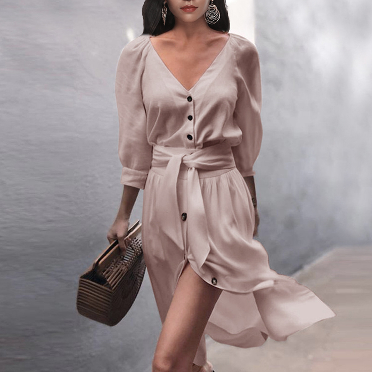 2025 Women's New Long Sleeve V-Neck Button Lace up Solid Color Sexy Loose Size Dress