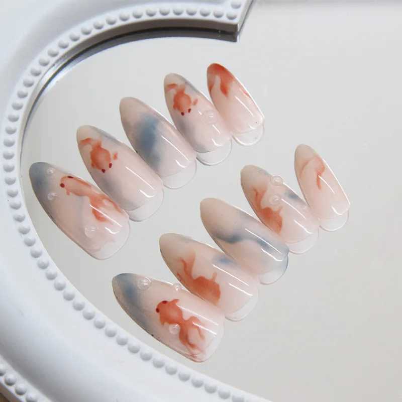 24pcs Ins Simple False Nails Goldfish Pattern Almond Fake Nails Wearable Detachable Simple Nude Pink Press W250410