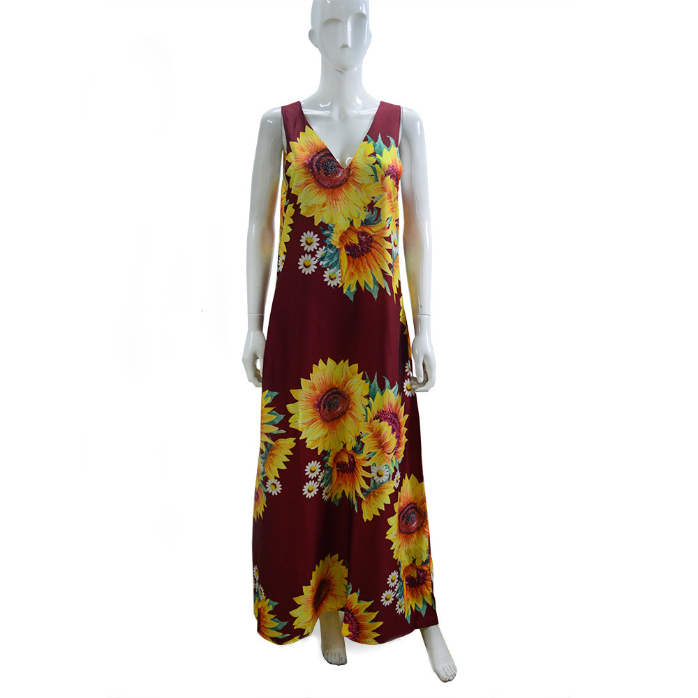 New women's Bohemian printed sunflower V-neck sleeveless pocket insert summer long dress