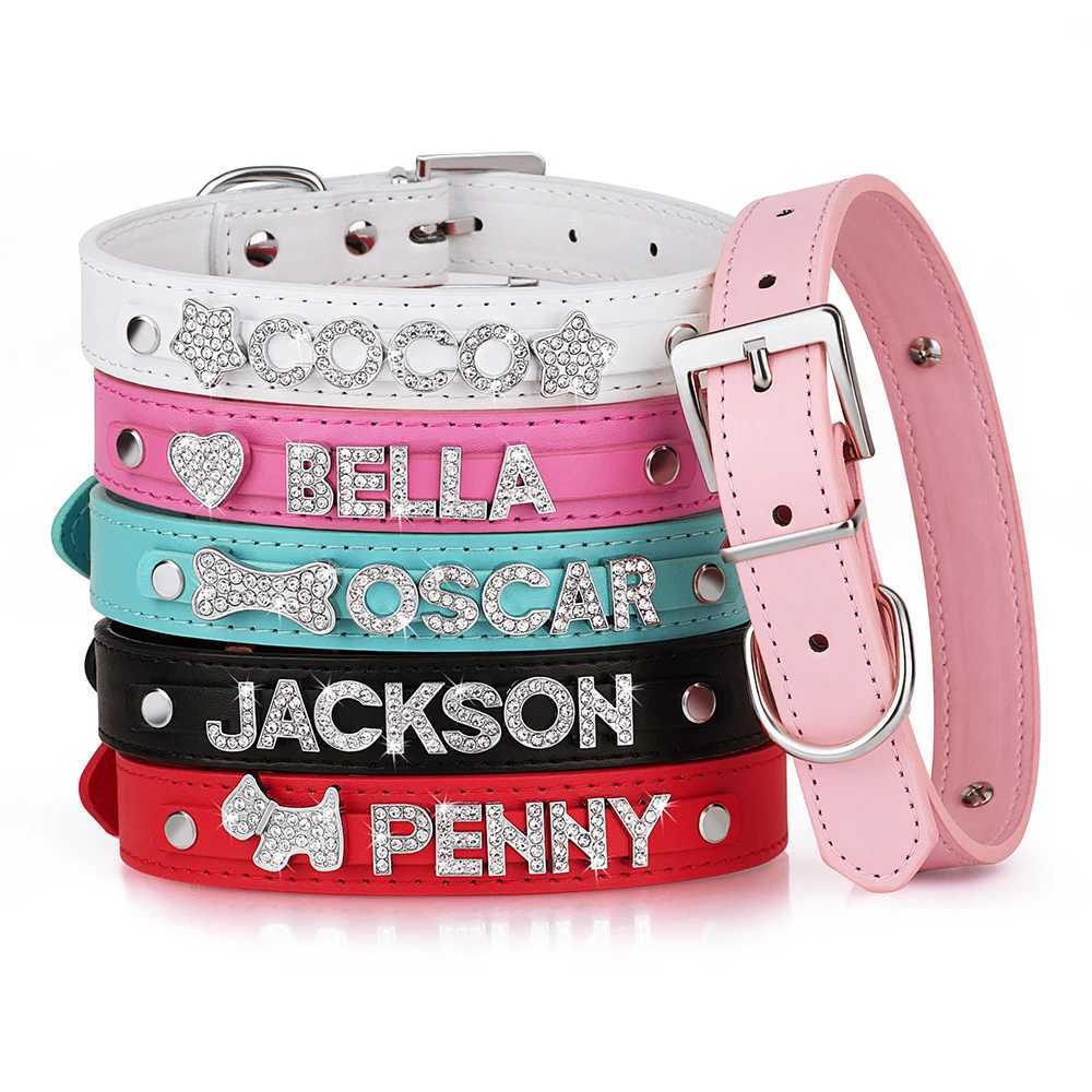 Custom PU Leather Dog Collar Leash Set Personalized DIY Name Charms Collars Bling Rhinestone Pet Necklace For Small Medium Dogs J251110