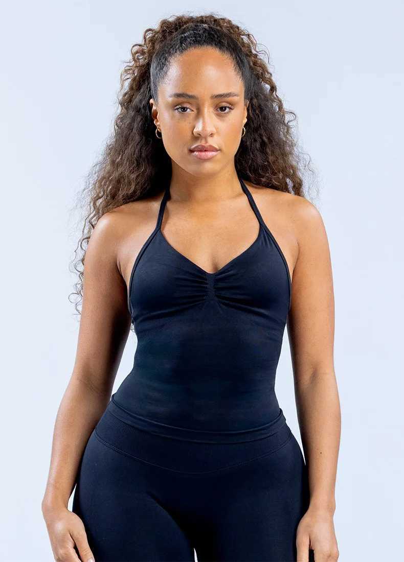 Womens long yoga vest with built-in bra and detachable cup shoulder strap backless fitness top used for running Pilates gymXJ250410
