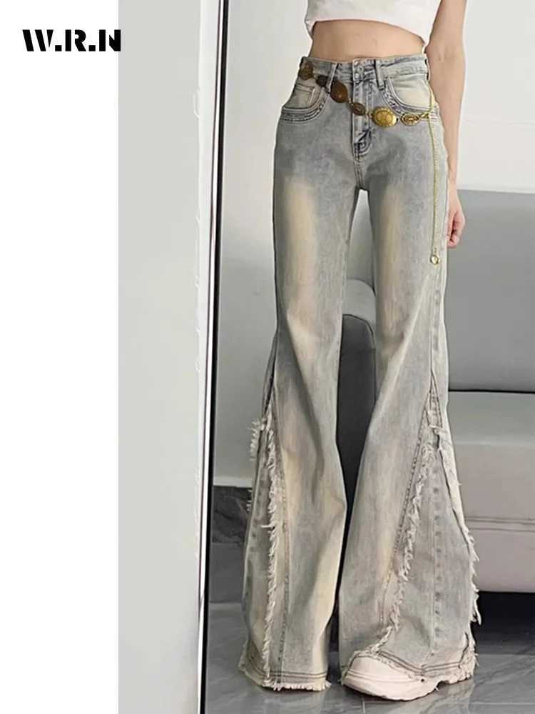 Vintage Casual Trashy Flared Pants Womens Y2K Tassels Full Length Denim Trouser Street Retro Grunge 2000s High Waist Jeans C251110