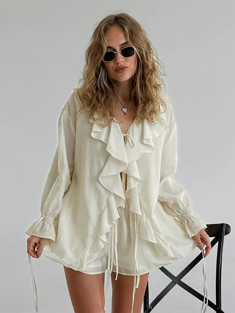 Summer holiday long sleeved pleated lace chiffon shorts set for womens casual V-neck solid loose shorts set womens clothing 250409