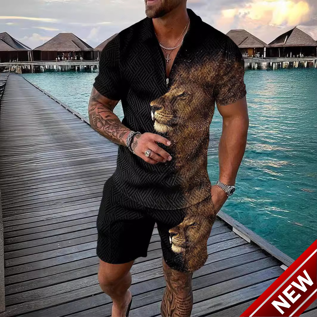 Mens casual contrasting color fashion POLO zipper lapel shirt short sleeved set