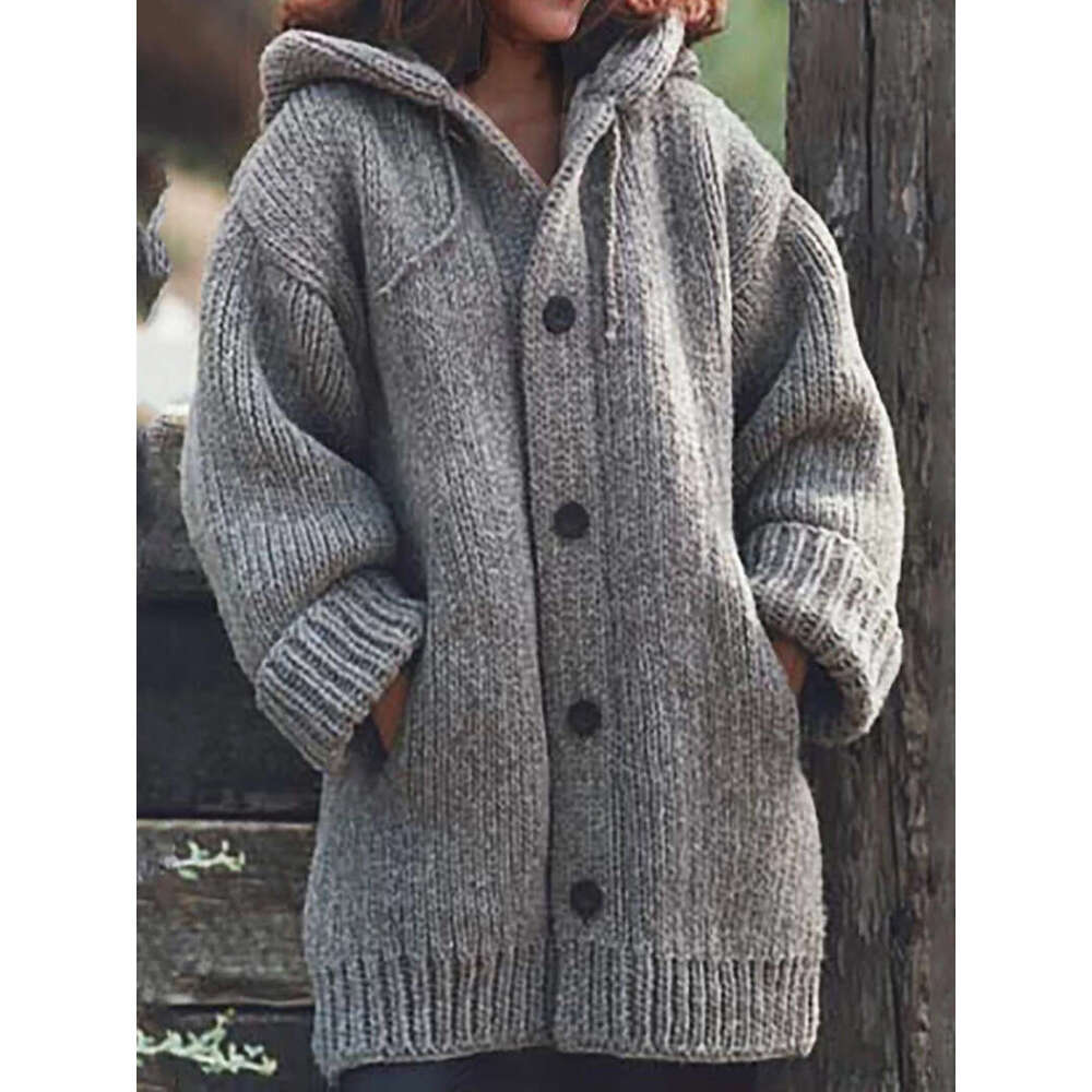 In Stock European and American Hot-Selling Women's Mid-Length Sweater New Cardigan Hooded Jacket