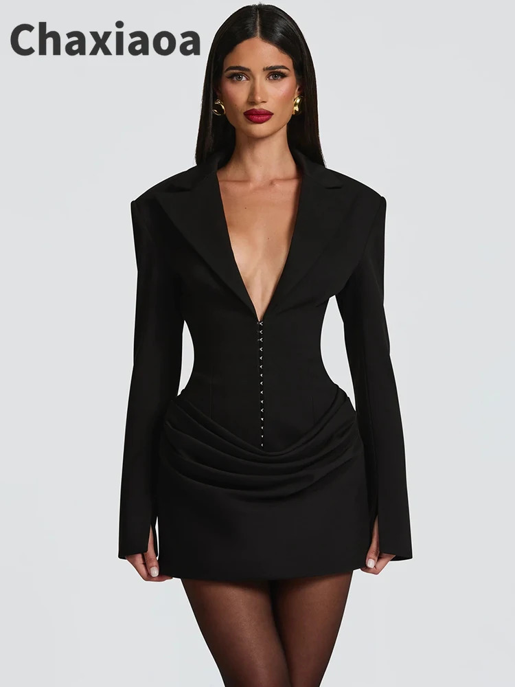 Chaxiaoa Long Sleeve Deep V Neck Ruched Sexy Mini Dress Women Autumn Winter Fashion High Waist Club Party Blazer Dresses Female 251110