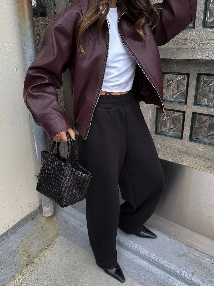 Wine Red Lapel Leather Short Coat Retro Womens Zipper Long Sleeve Jackets Female Autumn Fashion High Street 251110