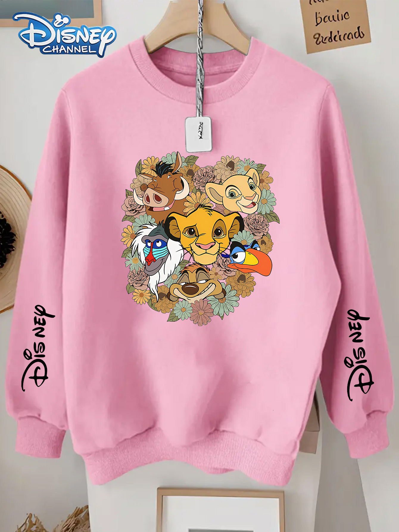 Disney Officially Licensed, Simba, Mufasa, Pumbaa, Timon, Rafiki, and Zazu Pattern Print, Plus Size Crew Neck with Multiple Prints, Casual Fashion Ver