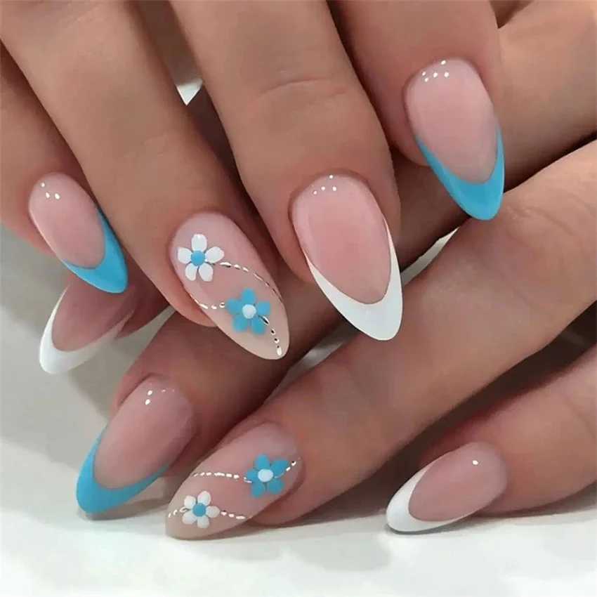 24 pieces/set of black French style fake nails with detachable almond shaped corner braces and perforated fake nails W250410