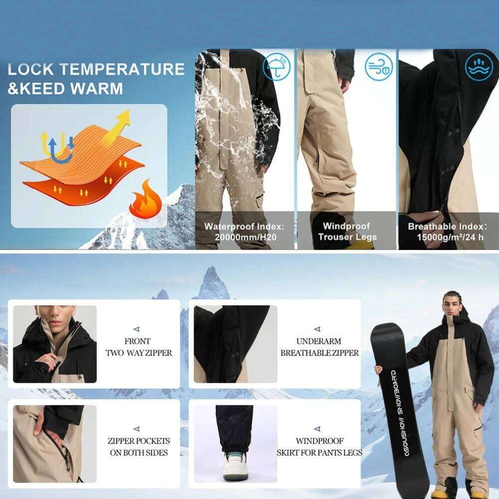 Color Blocking Men Loose Snowboard Suit Insulated One Piece Winter Coveralls Alpine Sports Waterproof Skiing Jumpsuit