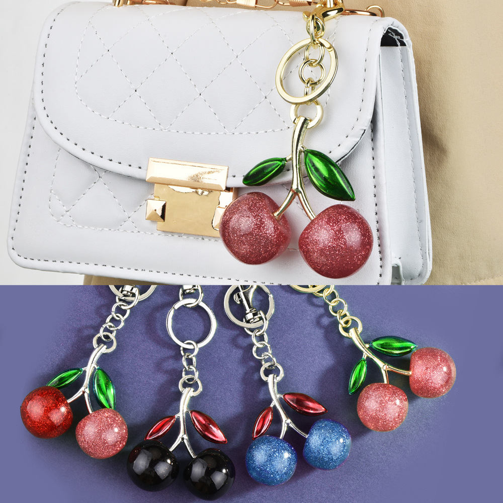 Stylish Multi-Colored Cherry Bag Charm with Sparkling Glitter Perfect Keychain for Cars & Bags