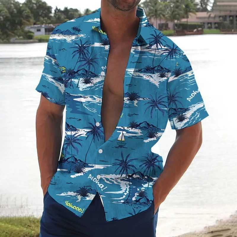 Retro mens coconut tree print short sleeved beach shirt casual mens loose mens Hawaiian shirt 2024 X250410