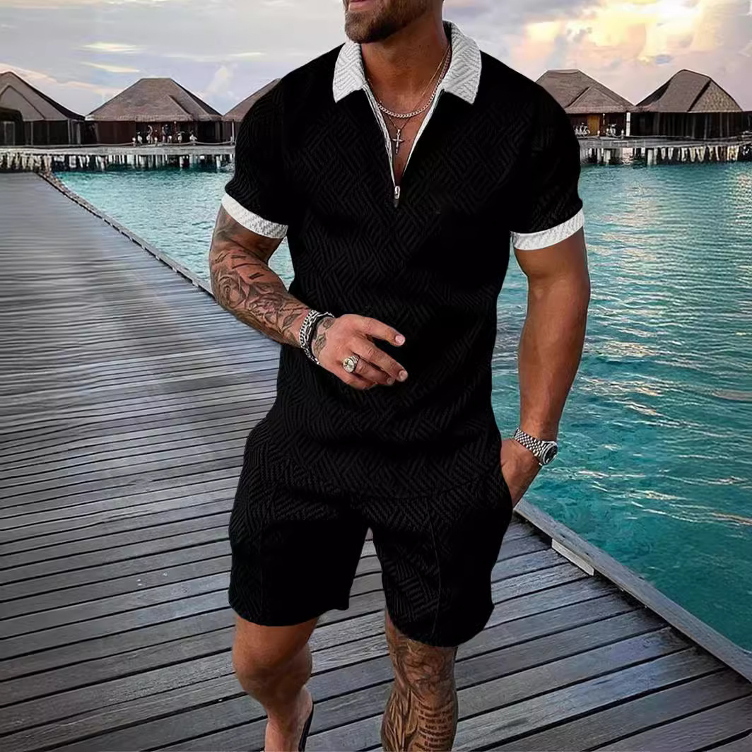 2025 mens new casual contrast Polo zipper Lapel short sleeve suit