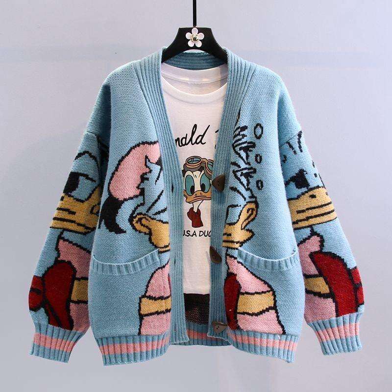 Japanese Cartoon Sweater Coat for Women, Autumn Winter 2025 New Lazy Style Loose Fit Outerwear Versatile Thick Knitted Cardigan