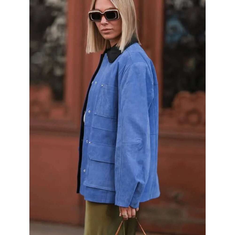 Contrast Color Women's Suede Jacket Single Breasted Zipper Lapel Pockets Long Sleeve Coats 2025 Spring Street Commuter Outwears