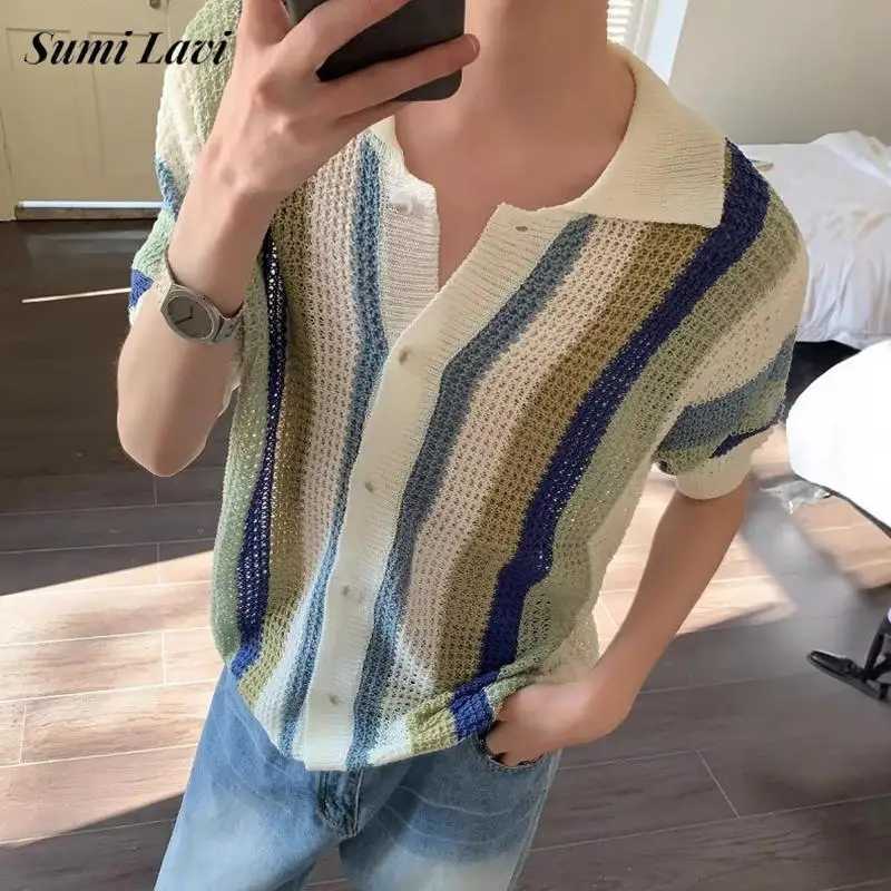 Casual breathable hollow mens summer beach casual short sleeved knitted shirt mens fashionable striped knitted top X250410