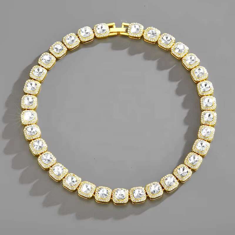 Hip hop chilled square tennis chain necklace, fashionable gold-plated necklace accessories