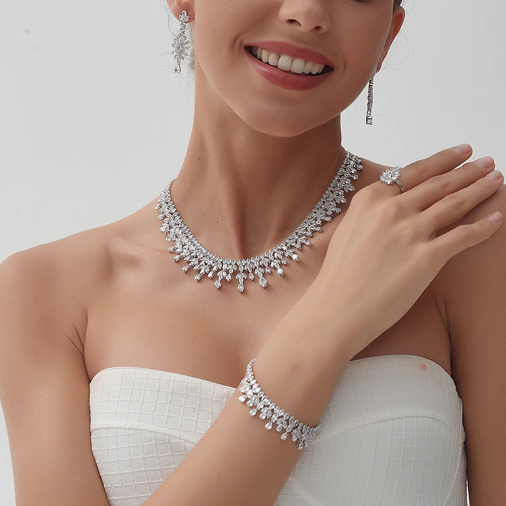 ZY UNIQUE Dubai Jewelry Sets Leaf Bridal Necklace Earring Set 5A Cubic Zirconia Femme Ladies Wedding Accessories 250409