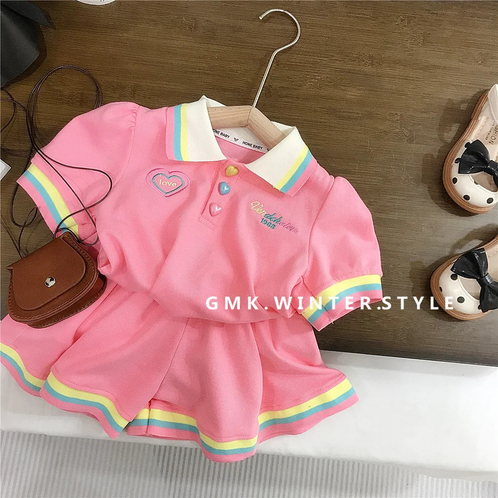 Summer Preschool Girls 2PCS Clothing Set Love Button Embroidered Letter Polo Shirt Loose Stripe Contrast Hemp Baby Girls Clothing 250409