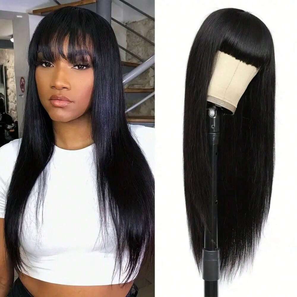 Women's Glueless Straight With Bangs Non-Lace Front, 250% Density Natural Black Hair, Machine-Made Remy Human Wig For Everyday & Special Events -