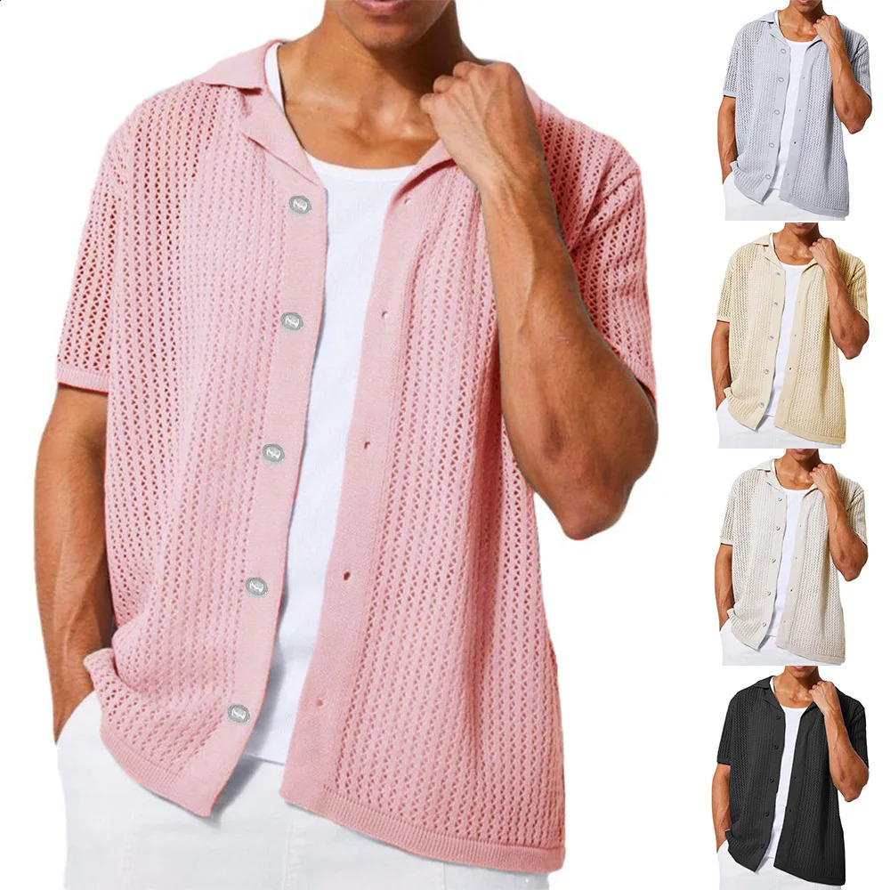 2025 Instant sale of the summer casual pure color mens shirt hollow-out shirt knitted short-sleeved cardigan 250407