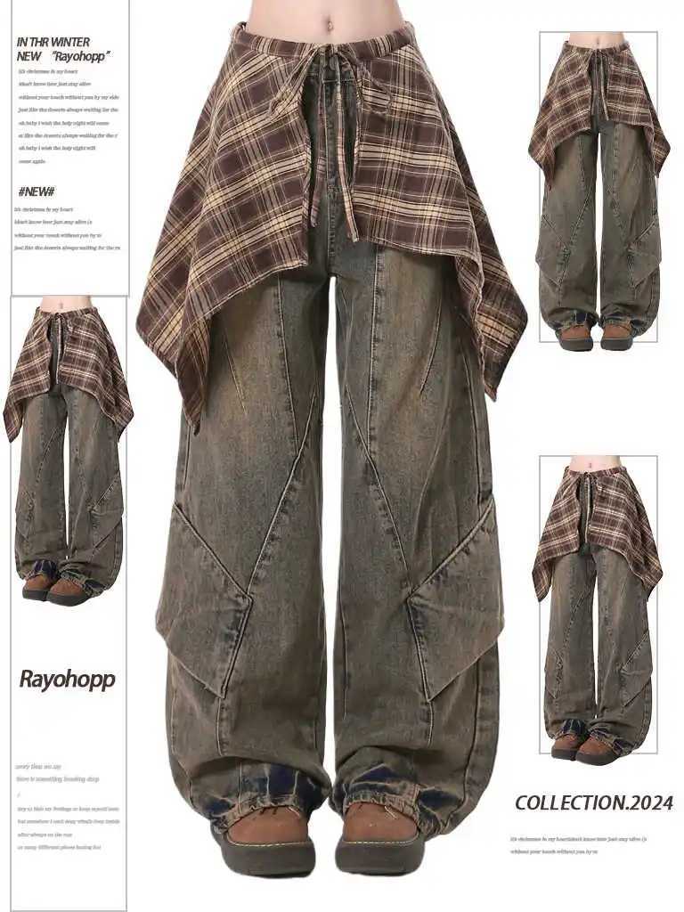 Women Blue Y2k Jeans with Skirt Harajuku Vintage Baggy Denim Trousers Japanese 2000s Style Oversize Jean Long Pants Clothes New C251110