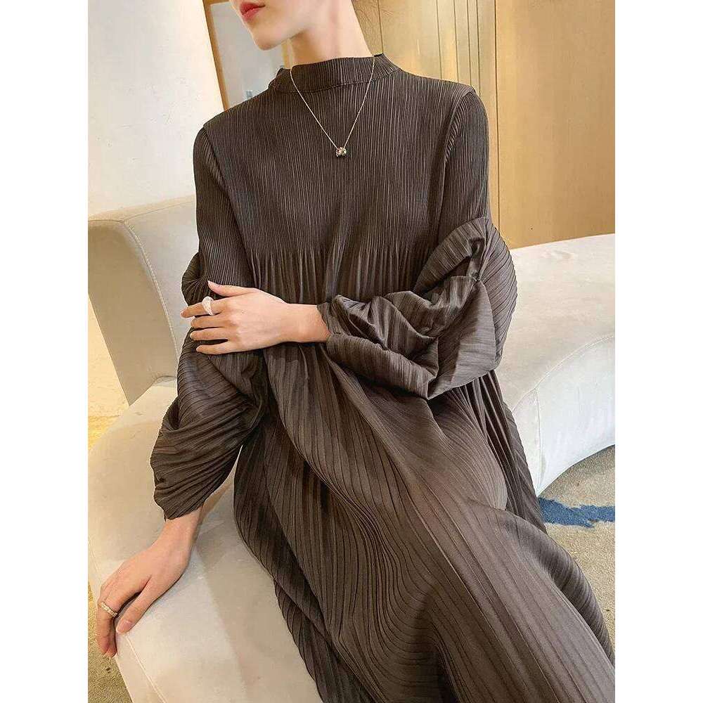 Miyake Pleated Puff Sleeve Dress Fall 2022 Winter New Solid Color Long Loose Women Causal Elegant Dresses Designer Clothes