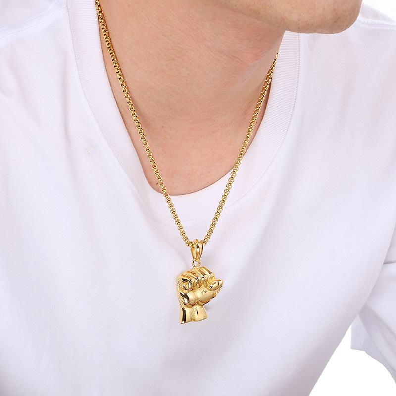 Retro Fitness Fist Pendant Necklace Stainless Steel Gold Plated Mens SportsJewelry