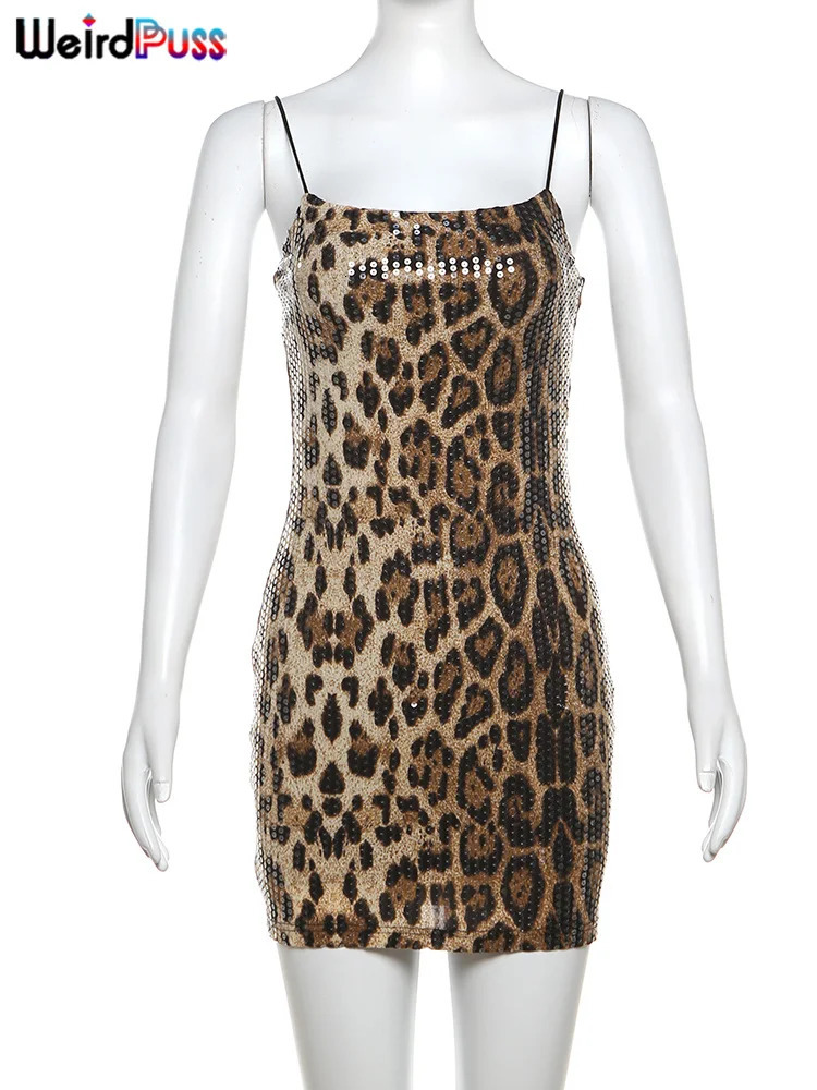 Weird Puss Leopard Print sexy dress womens sequin Hipster summer fashion tight elastic tight midnight party outfit 250403