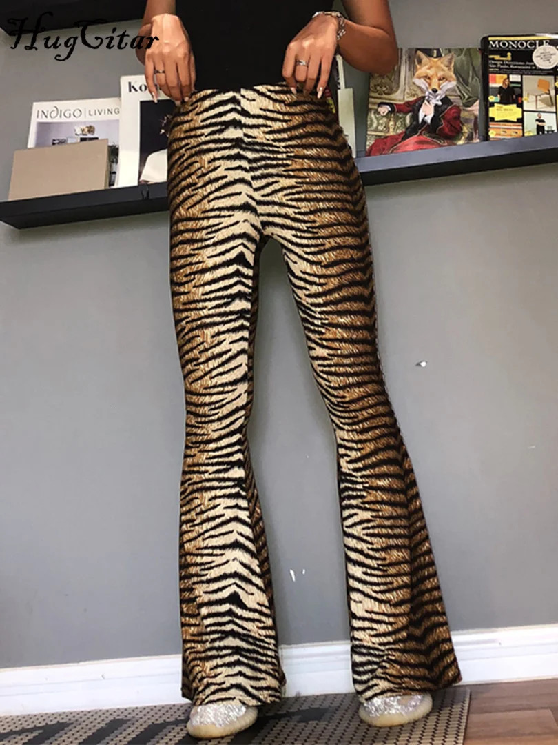 Hugcitar High Waist Leopard Print Flare Leggings Autumn Winter Women Fashion Sexy Bodycon Trousers Club Pants 250409