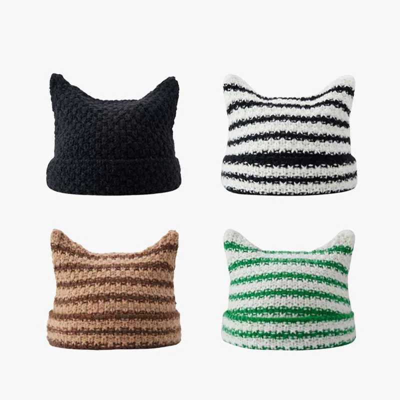Unisex Cat Ear Stripe Knit Hat Japanese Style Winter Warm Couple Beanie Minimalist Cold Weather Outdoor Fashion Warm CapXJ251110