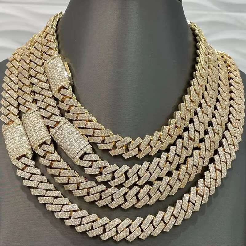 Hot Selling Pass Diamond Tester 925 Solid Silver 12mm 13mm 14mm 15mm Two Rows Iced Out Hip Hop Vvs1 Moissanite Cuban Link Chain