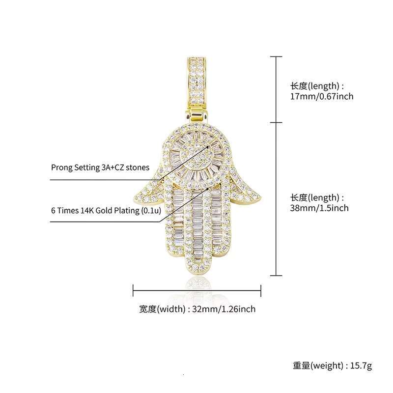 Wholesale Hip Hop Jewelry Copper 3A Zircon 14K Gold Plated Hamas Hand Pendant
