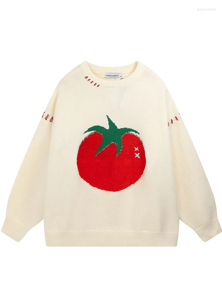 Men's Sweaters Autumn Cartoon Tomato Printed Knitted Sweater For Man Hip Hop Fashion Streetwear Pullovers Retro Aesthetic Y2K Knitwear